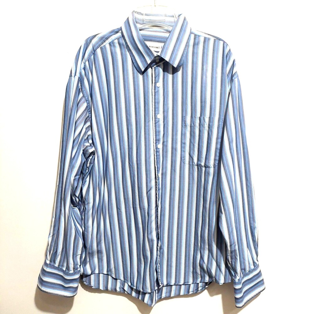 Pronto Uomo Mens XL Button Up Shirt Blue Striped Collar Pocket Button Cuffs
